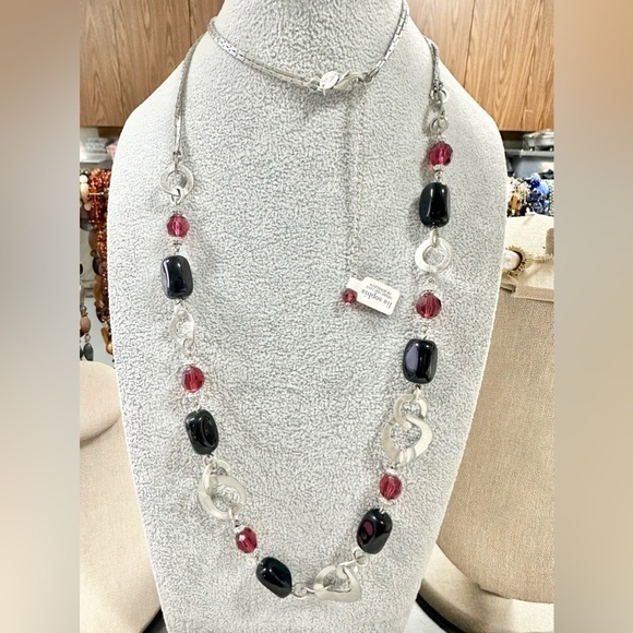 Lia Sophia Cherry Bomb Long Sliver Tone With Red And Black Beaded Necklace